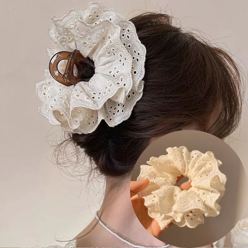

Double Layered Flower Lace Hollowed Pleated Ballet Lace Scrunchies Sweet Gentle Low Ponytail Head Ties New Accessories for Women