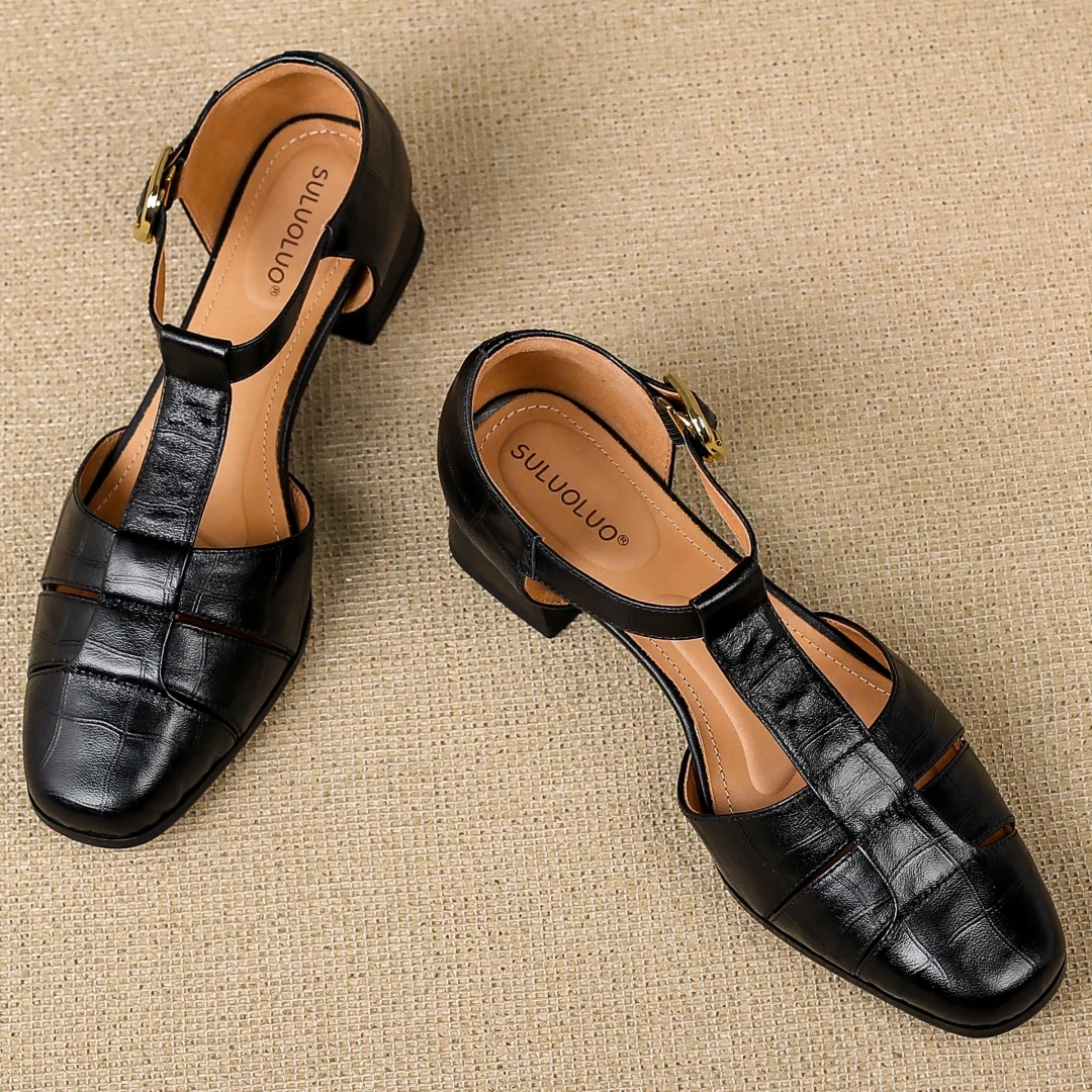 danxuefei Women's stone pattern cow leather narrow band braided t-strap sandals elegant ladies 4.5cm thick med heel OL pumps hot - Image 4