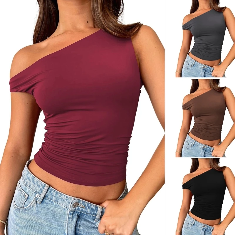 Women's Crop Tops One Shoulder Off Shoulder Bare Midriff Tops Solid Color Slim Fit Fashion Casual Versatile 2024 Summer