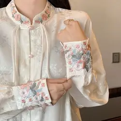 New Stand Up Collar Embroidered Flower Cardigan Shirt For Women's Spring Design Shirt Loose Long Sleeved Chinese Style Top