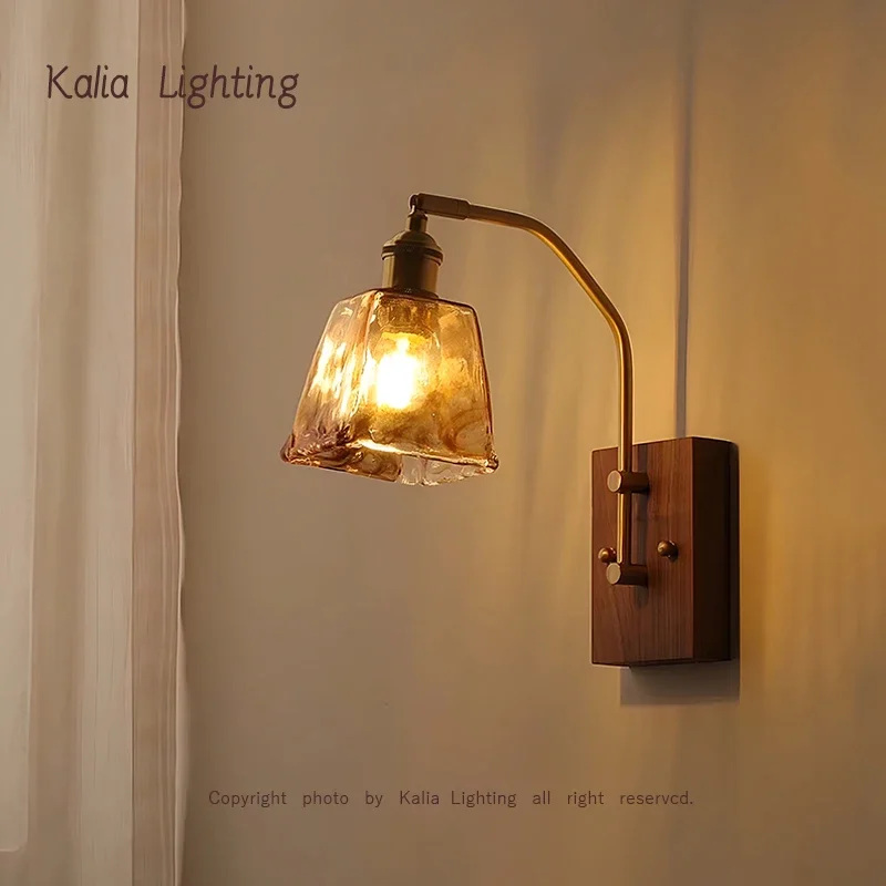 Bedside wall lamp walnut homestay bedroom Japanese retro room aisle living room background wall light strip switch