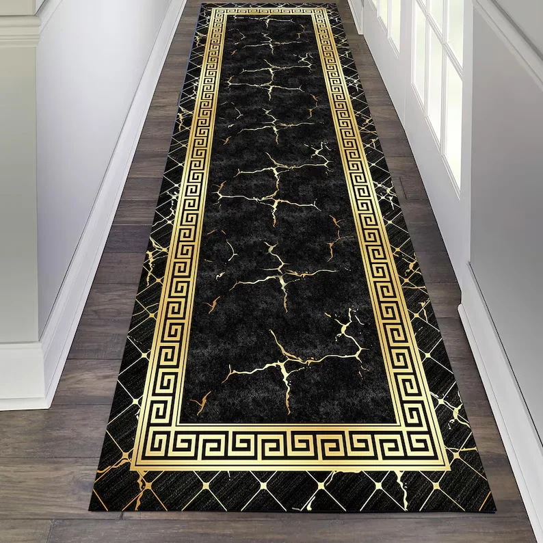 Black and Gold Greek Key Rug Marble Hallway Runner Modern Carpet Entryway Mat Colorful Non Slip Long Floor Accent Home Decor