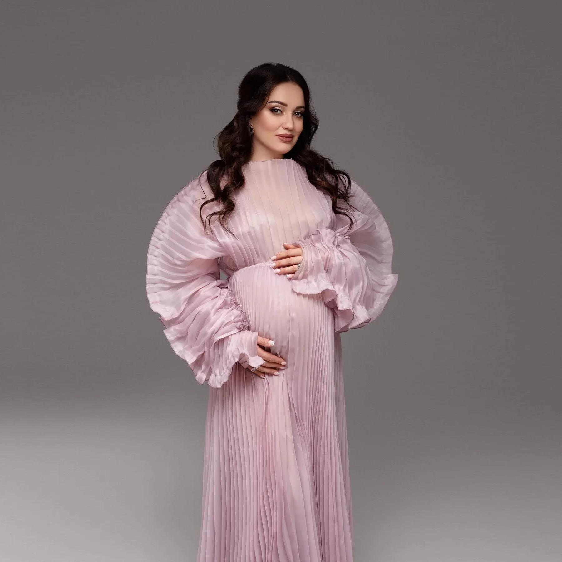 Elegant Pleated Sleeves Maternity Dresses for Photoshoot Beach Dress for Engagement Photo Shoot Maxi Baby Shower Dress YEWEN