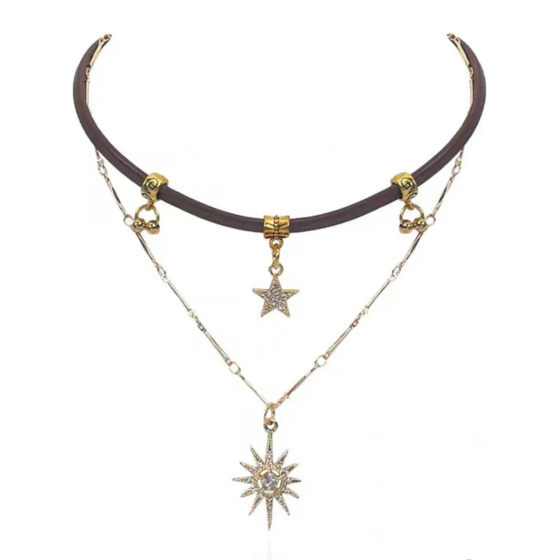 2025 Sun Star Zircon Necklace for Women Vintage Leather Necklace Double Layered Pendant Chain Choker Fashion Jewelry Ожерелье