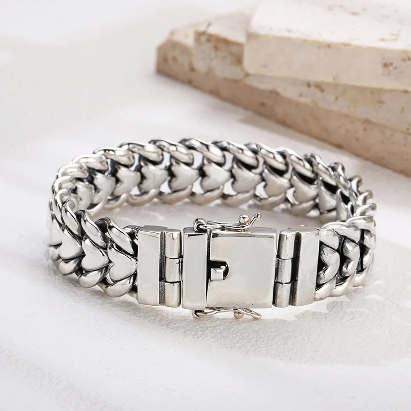 cool minimalism thick type tank bracelet men & women trendy Thai silver vintage retro style personality ornament