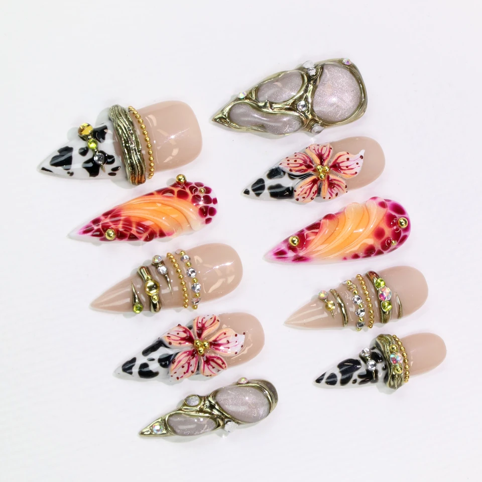 10 uñas personalizadas largas stiletto con flores góticas pintadas a mano, para bodas y eventos 5
