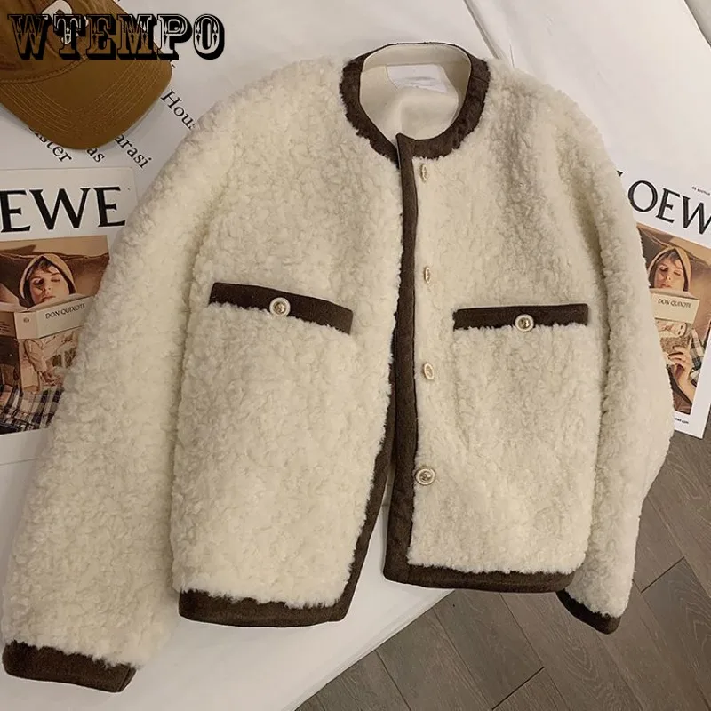 WTEMPO Women\'s Fur Jacket Loose Button Up Coat Plush Cardigan Ladies Long Sleeve Crop Sherpa Outwear Winter Fall Clothes Women