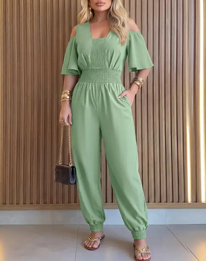 Women's Cold Shoulder Jumpsuit 2026 Spring Summer New Casual High Waist Shirred Short Sleeve Cuffed Overalls with Pockets