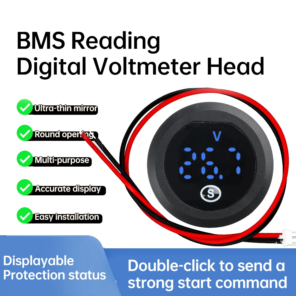 DC12-60V Round Voltmeter Auto Voltage Meter LED Digital Measurement for BMS Protection Board / LiFePO4 / Lithium-Ternary Battery