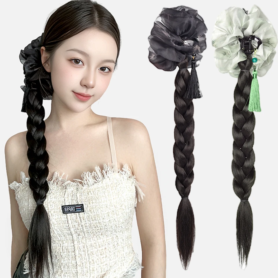 EAST Synthesis Lady's Wig Chinese Style Long Braid Wig Butterfly Tassel Simulation Ponytail Hair Extension Temperament Hairstyl