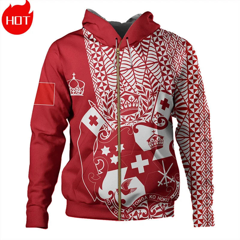 The Kingdom Of Tonga National Flag 3D Printed Zip Up Hoodies Tonga Coat Of Arms Graphic Zipper Sweatshirts Vintage Mens Clothing