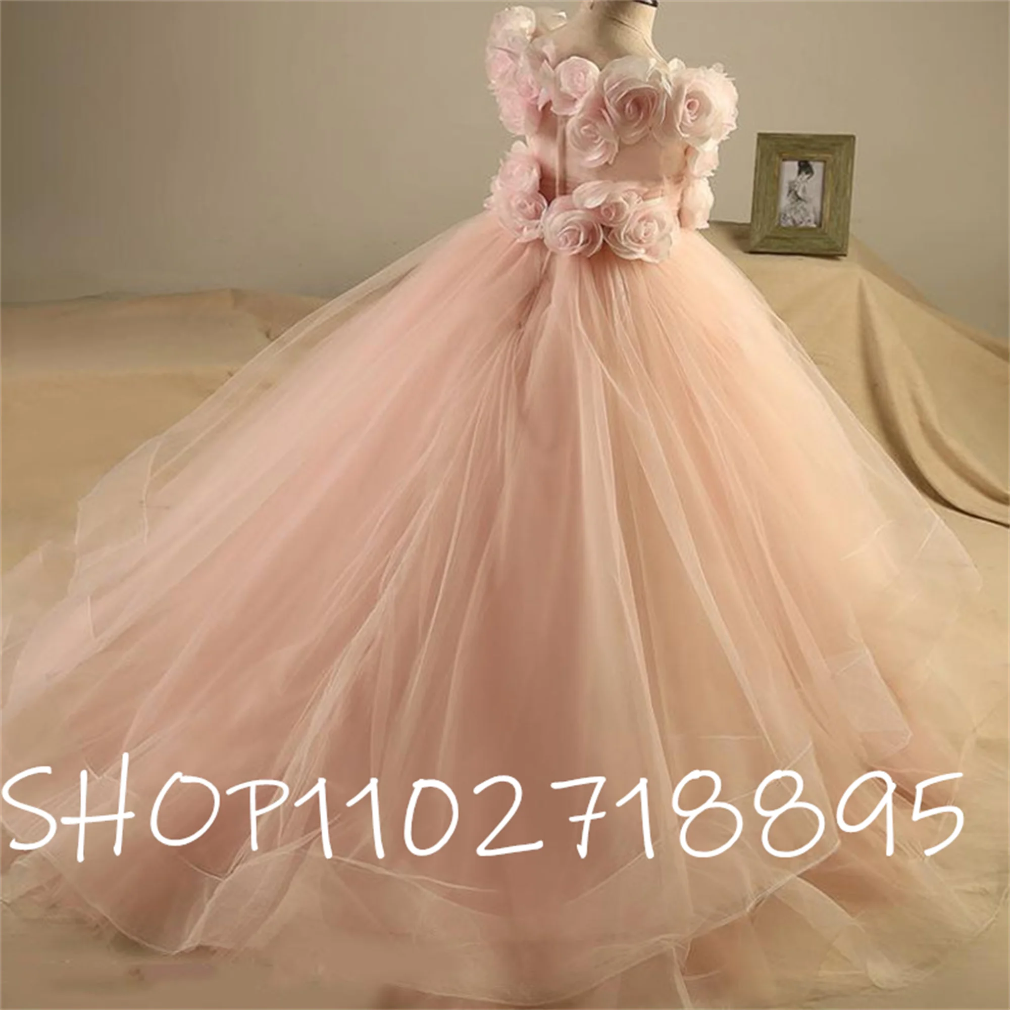 

Lovely Pink Handmade Flowers Girl Dress for Wedding Real Image Toddle Pageant Birthday Ball Gowns