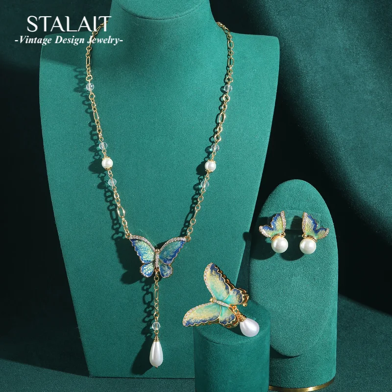 

Vintage Butterfly Necklace Set Jewelry Drop Pearl Enamel Luxury Designer For Women Zircon Earrings Rings Wedding Accessories