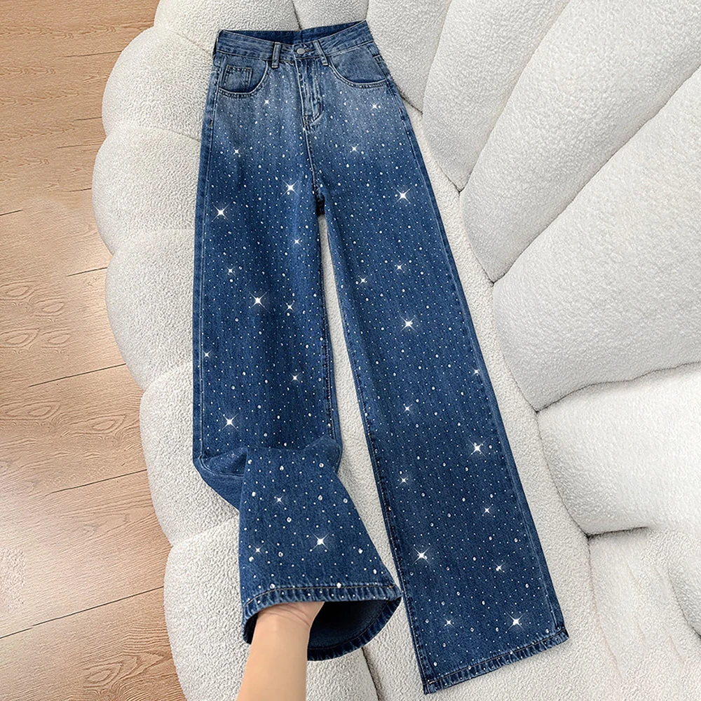 Fashion Blue Gradient Diamonds Jeans for Women 2026 New High Waist Straight Loose Trousers Y2K Sparkly Rhinestone Denim Pants