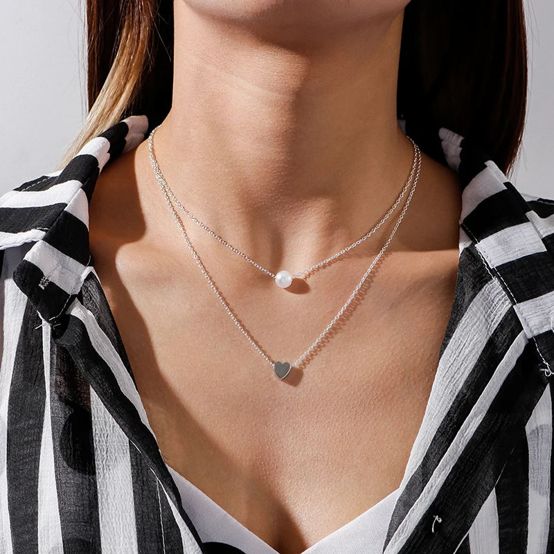 Aihua Neue Doppelschicht Halskette Für Frauen Imitation Perle Herz Anhänger Halsketten Mädchen Günstige Jewely Geschenke – Detail 2
