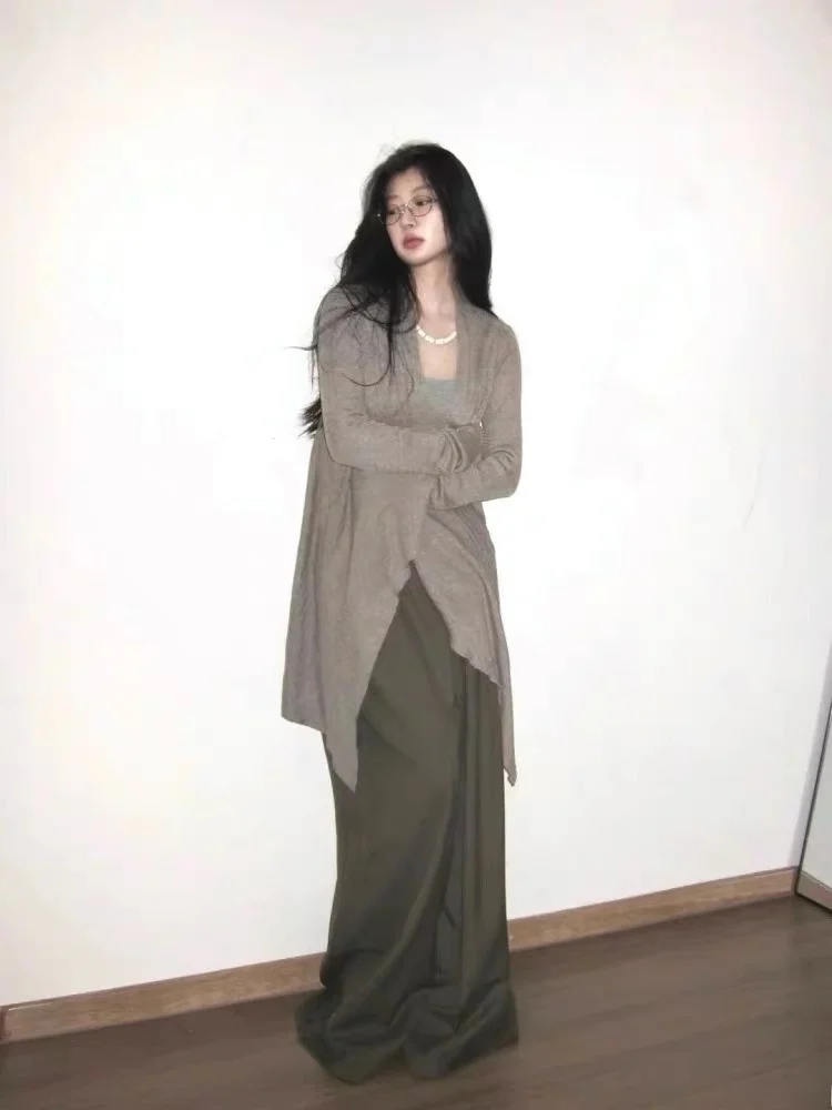 

Вязаный кардиган Laid-ba из смеси шерсти, неровный подол, высокий nce Sensation, корейский шелковый топ средней длины с длинным светом