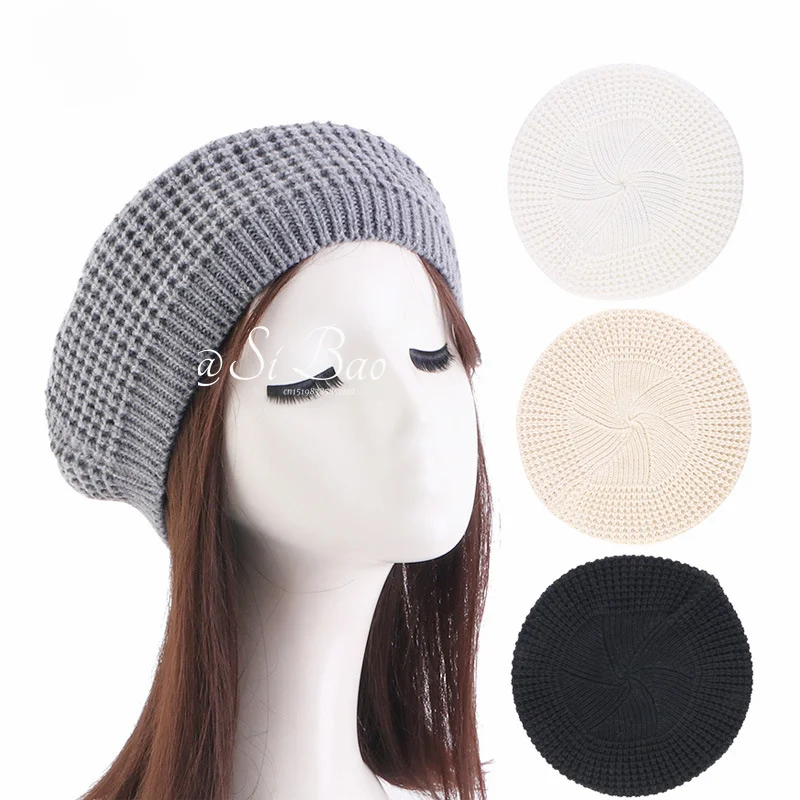 Vintage Women Knit Beret Cap Fashion Winter Hat Casual Elastic Solid Color Ladies Outdoor Warm Beanie Party Gorras Para Mujer
