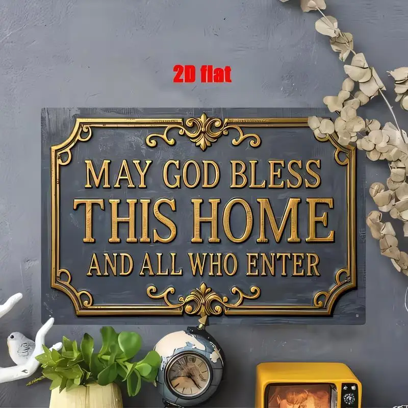 May God Bless This Home Vintage Metal Tin Sign - Black & Gold Ornate Frame Religious Wall Art, Iron Material, Retro Style for Ho