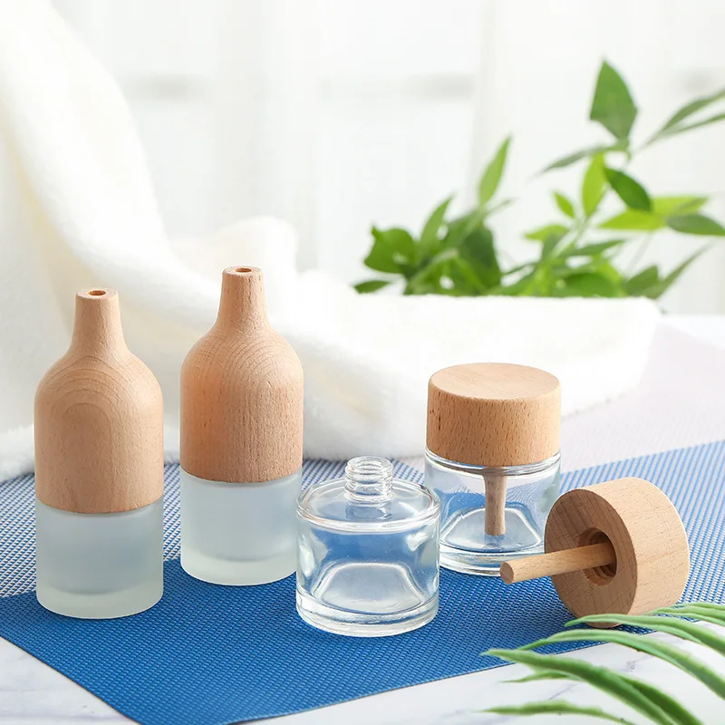 30/50ml Wooden Lid Car Aromatherapy Bottle Household Transparent Glass Dispenser Refillable Rattan Dried Flower Empty Container