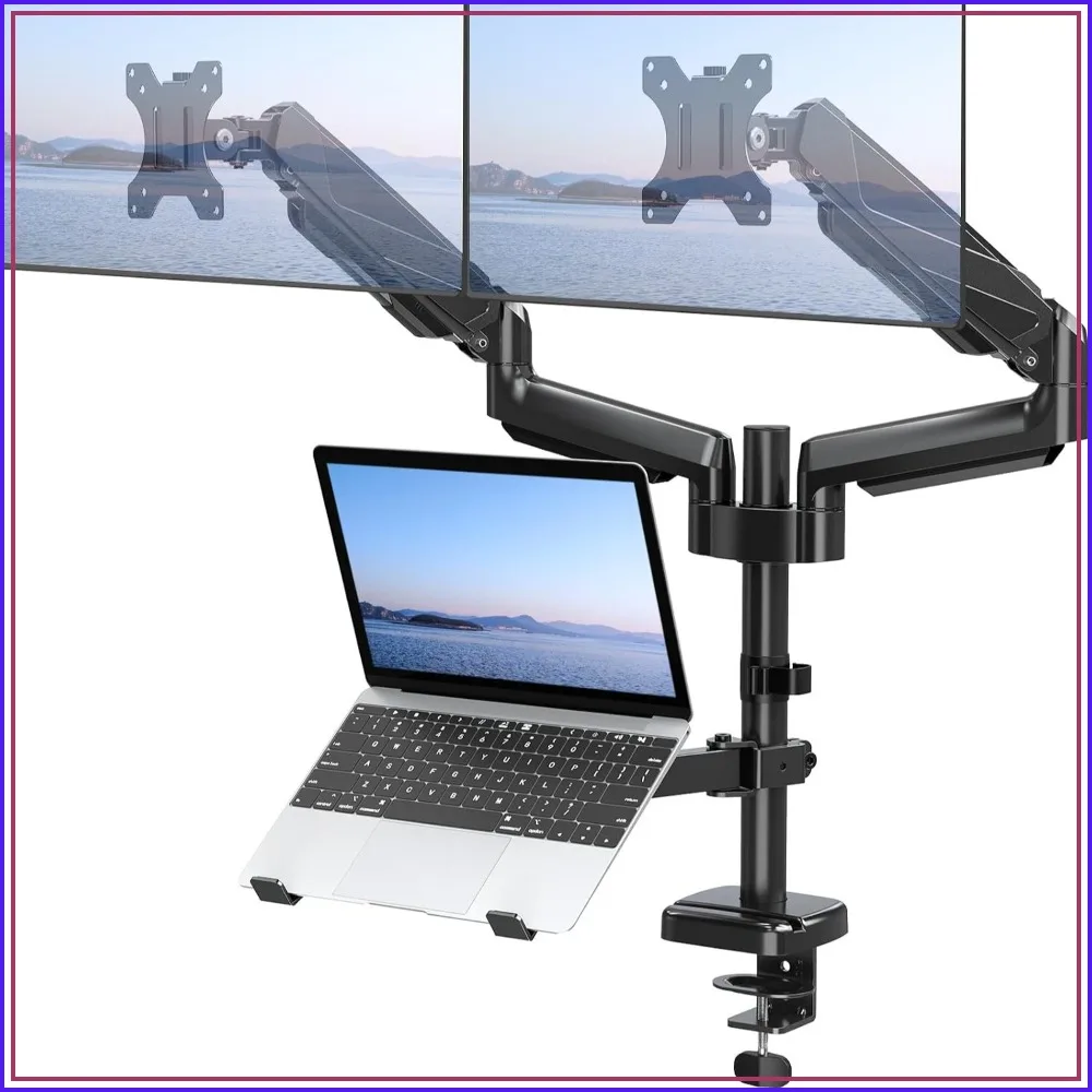 Monitor And Laptop Mount For 2 Max 27" Screens, Laptop Tray Fits 10-17inch Notebook, 3-in-1 Adjustable Desk Mount With VESA Bracket 75/100mm