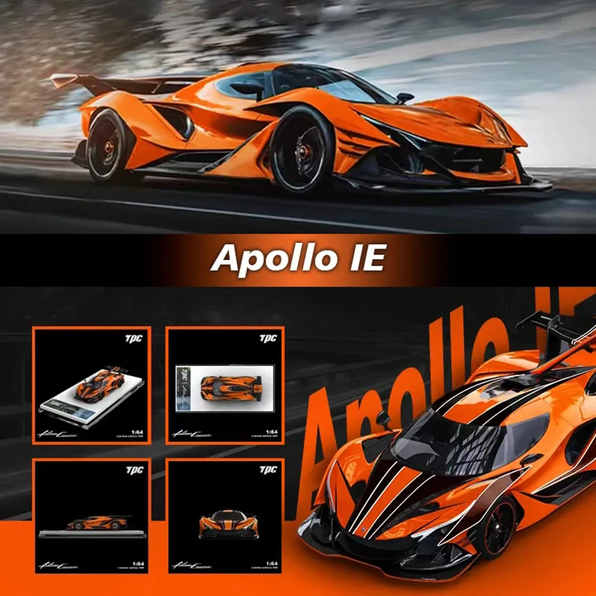 TPC 1:64 Apollo Intensa Emozione Coche en Miniatura de Metal Fundido a Presión. Vibrante diseño en naranja/negro, icónico diseño de hipercoche. En stock, listo para enviar.
