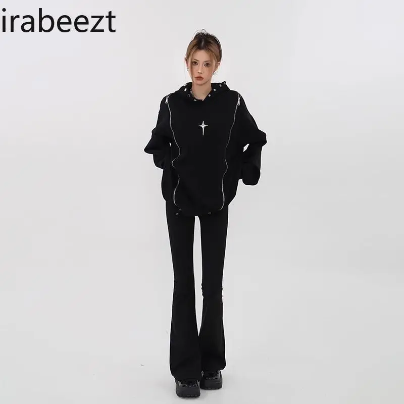 American Fashion Retro Oversize Coat Slouchy Design with Zipper National Trend College Style Hoodie Loose Fit Sweatshirt