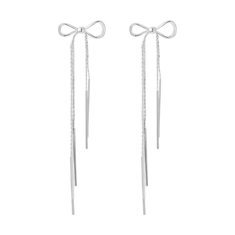 Aço inoxidável Borlas Longas Bow Dangle Brincos, Cadeia Cobra Plana, Bowknot Ear Stud, Aros Minimalistas, Jóias Leve