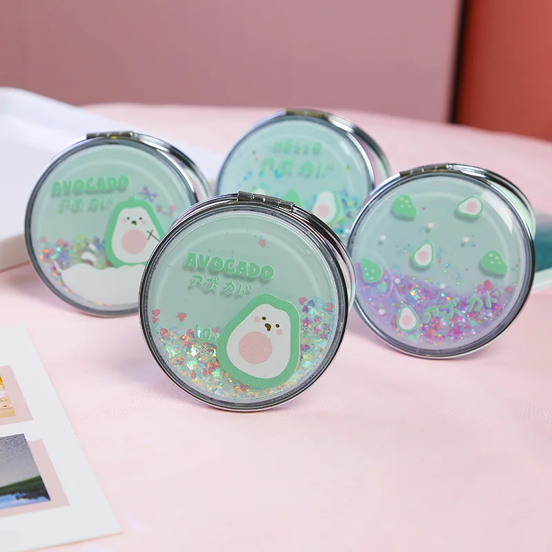 L342 Portable Double-Sided Folding Cosmetic Mirror Girl Gift Flowing Sparkling Sand Mini Avocado Makeup Mirror Compact Pocket