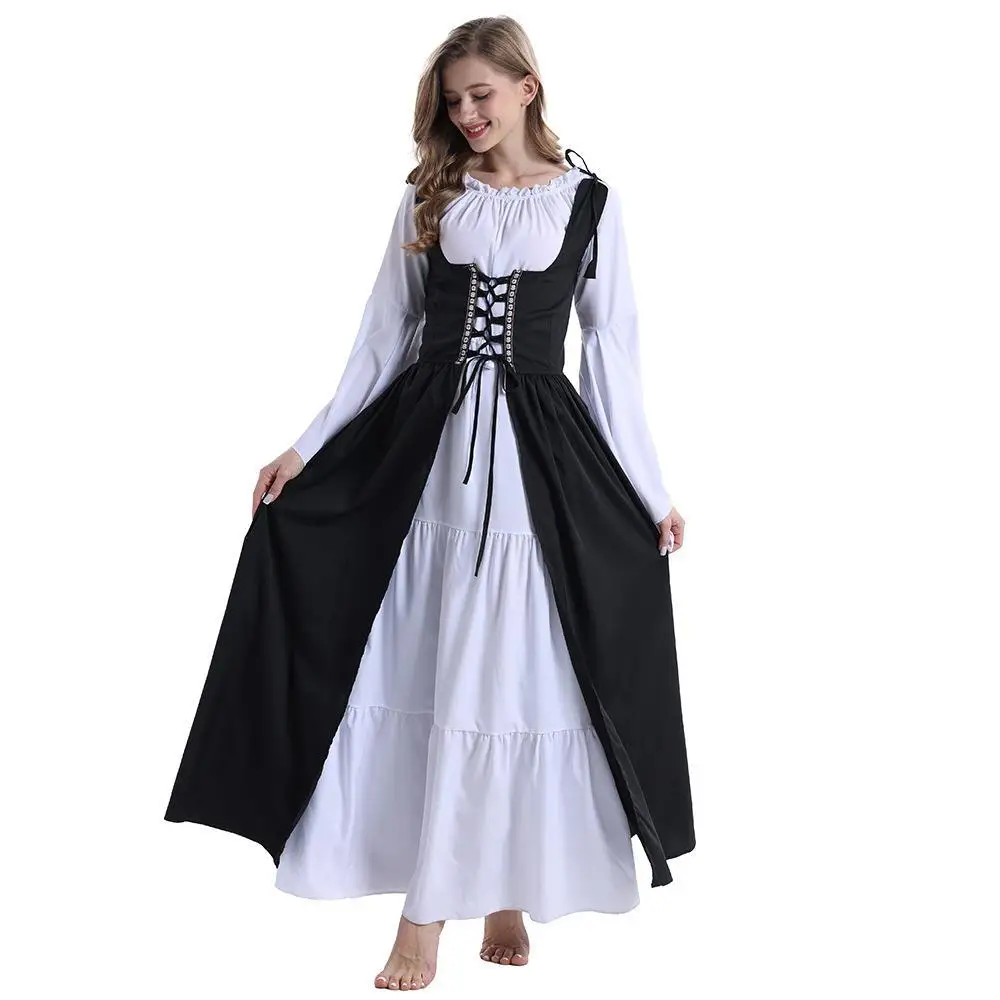 

loween Costume Renaissance Middle Ages Vintage Square Collar Waist Bundled Dr Retro Faionable Spring Autumn Wear