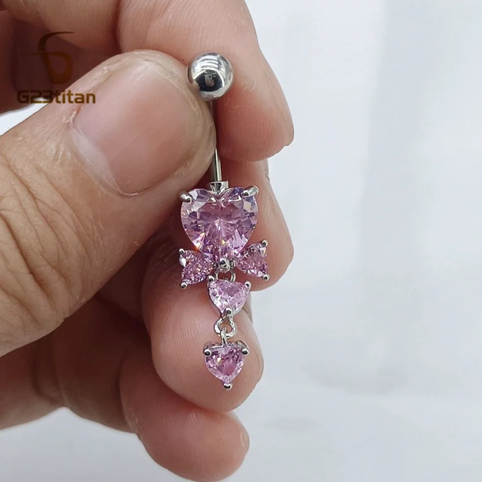 G23Titan Pink Zircon Heart Navel Rings 14G 6-16mm Length Titanium Barbell Belly Button Piercings Ombligo Summer Romantic Jewelry