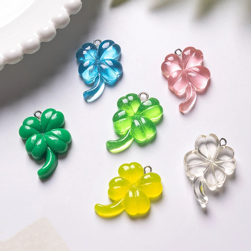 6Pcs Transparent Resin Four-Leaf Clover Pendants Lucky Charm For Keychain Bag Hanging Decor