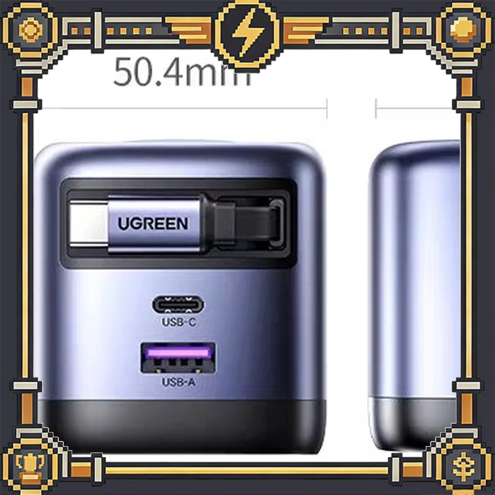 UGREEN X605 GaN Charger 2C 1A PD Fast Charging Foldable Plug Retractable USB C Cable for Phones Laptops