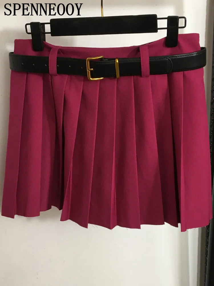 Spenneooy Fashion Designer Summer Rose Red Color Sexy Mini Skirt Women's Party Low Waist Belt Slim A-Line Pleated Short Skirt