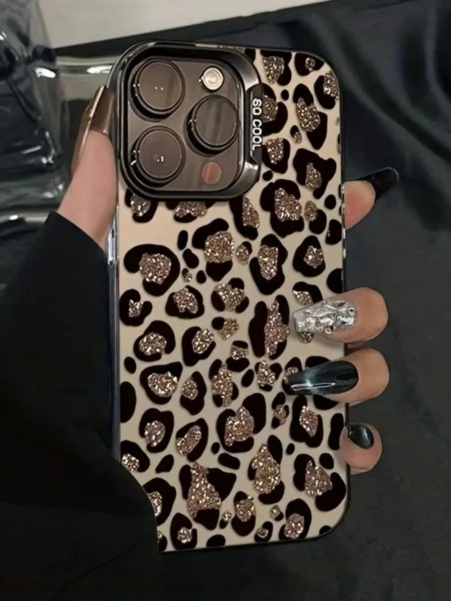 Wysokiej jakości etui na telefon z laserowo wycinanym, złotym, błyszczącym wzorem w panterkę, pasujące do iPhone 17 16 15 14 13 12 11 Pro Max 14 15 16Plus. — 2