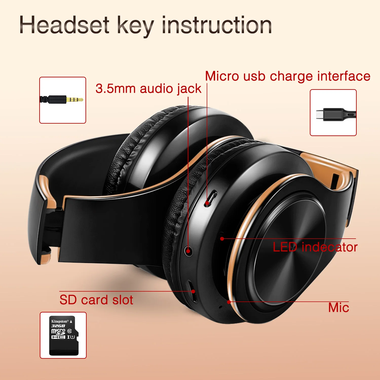 Men Gift Gold Wireless Headphones Bluetooth Earphone Stereo Headset with Build-in MIC with 3.5mm Jack for Xiaomi Samsung IPHONE