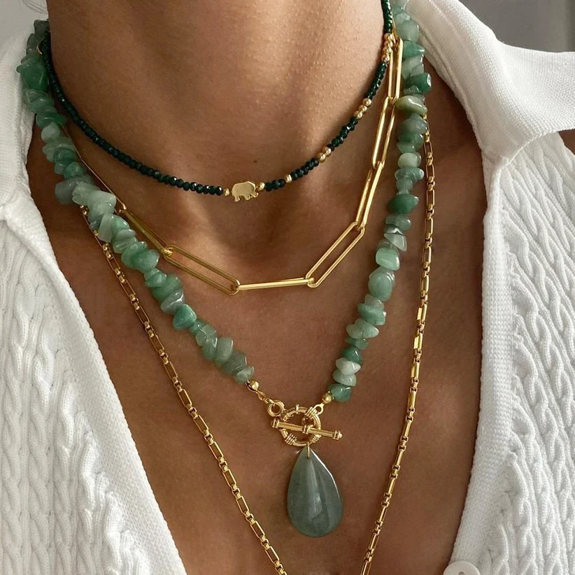 boho Fashion Bohemian green waterdrop Tribal Jewelry Crystal Natural Raw Ore Irregular Druzy Stone Pendant Necklaces For Women