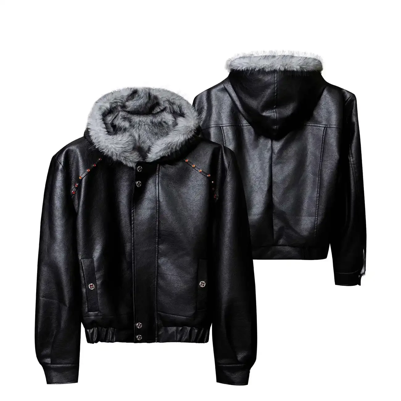

Winter motorcycle pu leather jackets button thickened short hoodies jacket black trendy loose top winter jacket for men clothes
