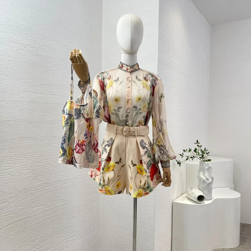 

Women's Flower Color Flower Print Long Sleeve Stand Collar Blouse Tops and Short Set High Quality