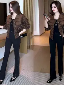 Faionable ort Leopard Print Jaet Women's Loose Fit Slimming Casual Sle Button Detail Printed Patchwork Long Sve Po...