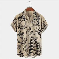 Camisas masculinas vintage com estampa de sereia, camisas com botão e âncora de barco, camisas de verão com elemento oceano, camisas havaianas de lazer masculinas