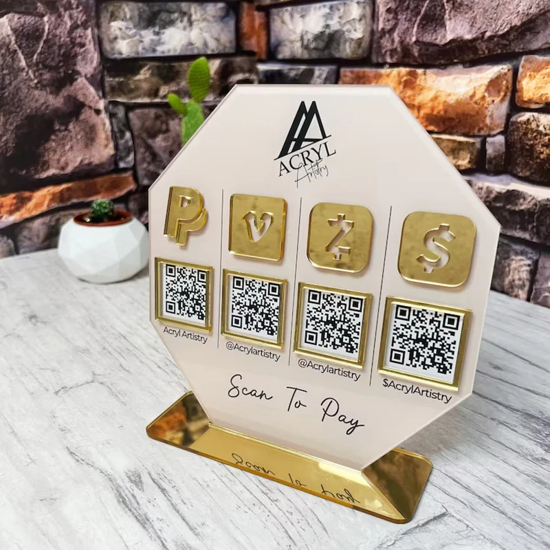 Custom Social Media QR Code Sign Octagonal Business Acrylic Signs Beauty Studio Scan to Pay Instagram FB Scanning QR Code Plates