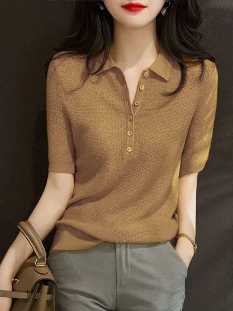 Polo Neck Shirt For Women Plain Button Woman T Slim Women's Clothing Trend 2024 High Quality On Offer Wholesale Youth Korean