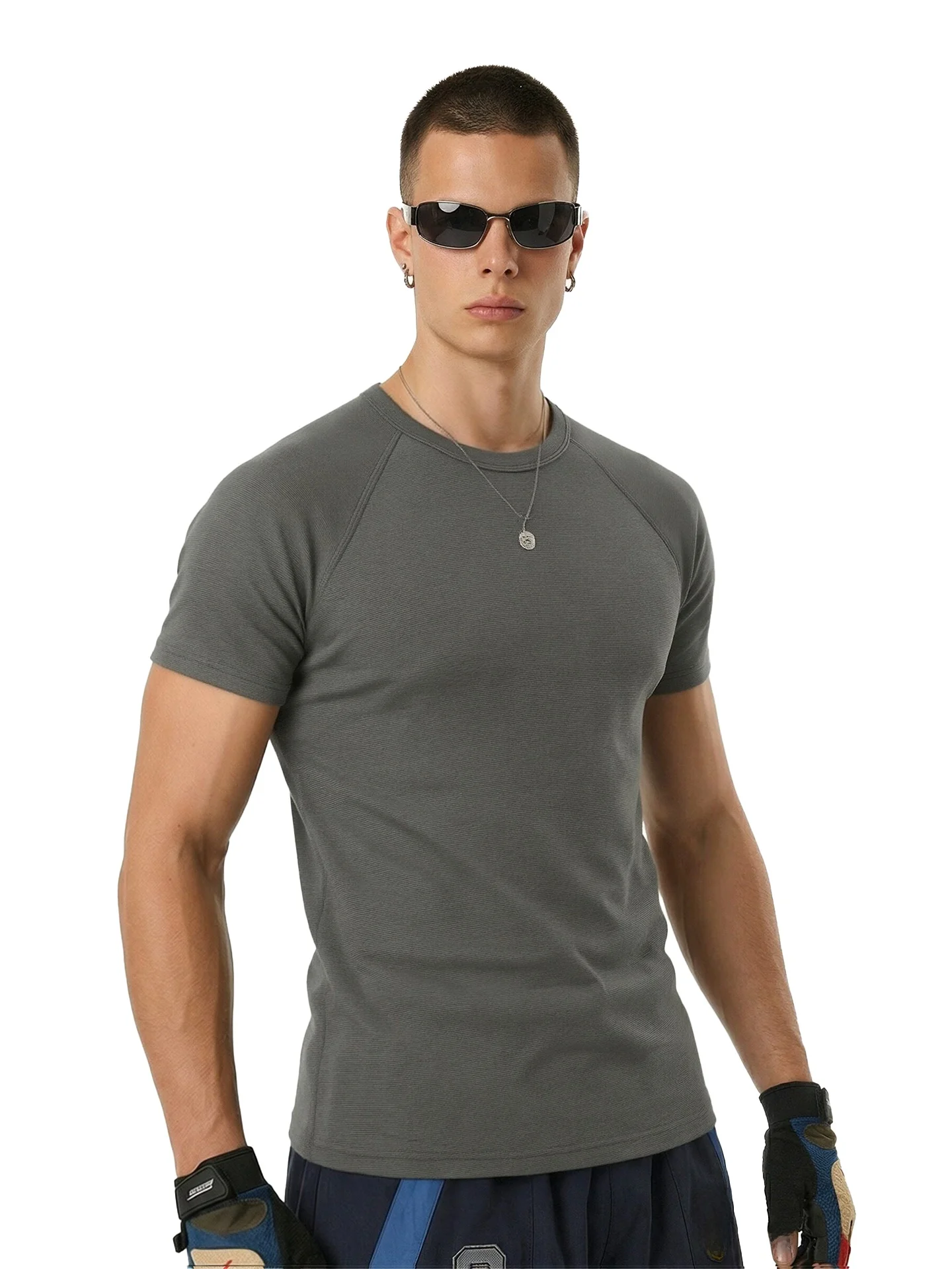 

Новая мужская футболка Slim Fit из плотного материала (270 г/м²) в американском стиле, темно-синяя, эластичная, облегающая, для спорта и фитнеса, с коротким рукавом, весна-лето