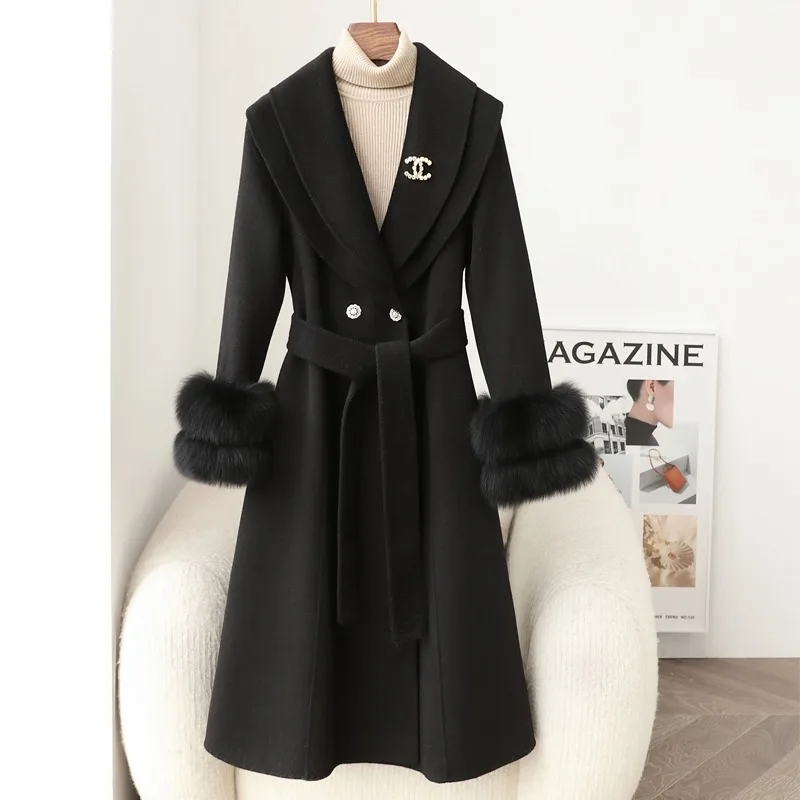 뜨거운 판매 가을 겨울 여성 진짜 모피 코트 캐시미어 울 혼합 여우 모피 커프스 고품질 숙녀 슬림 오버 코트