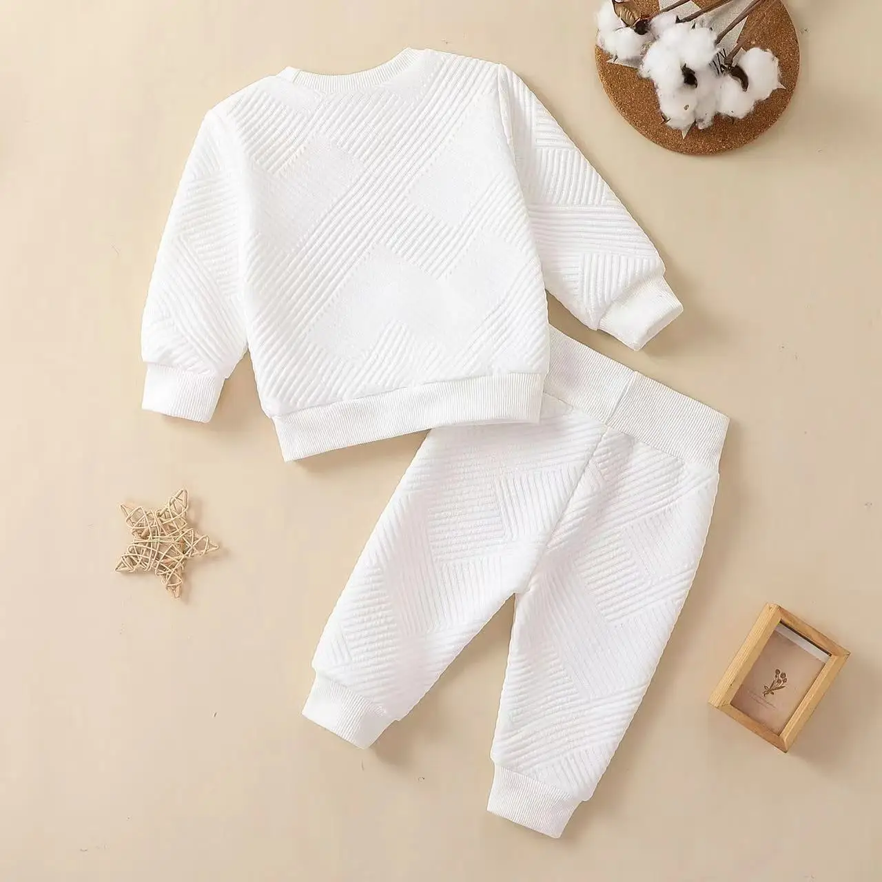 2PCS Boys Girls Cotton White Gray Geometric Sweatshirt Casual Sweatshirt Athletic Suit Best for Gifts