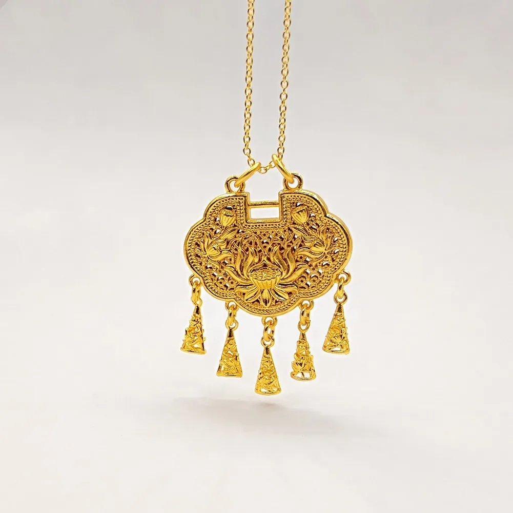 New Chinese ancient method hollow out lotus flower Ruyi tassel safe lock pendant 9999gold