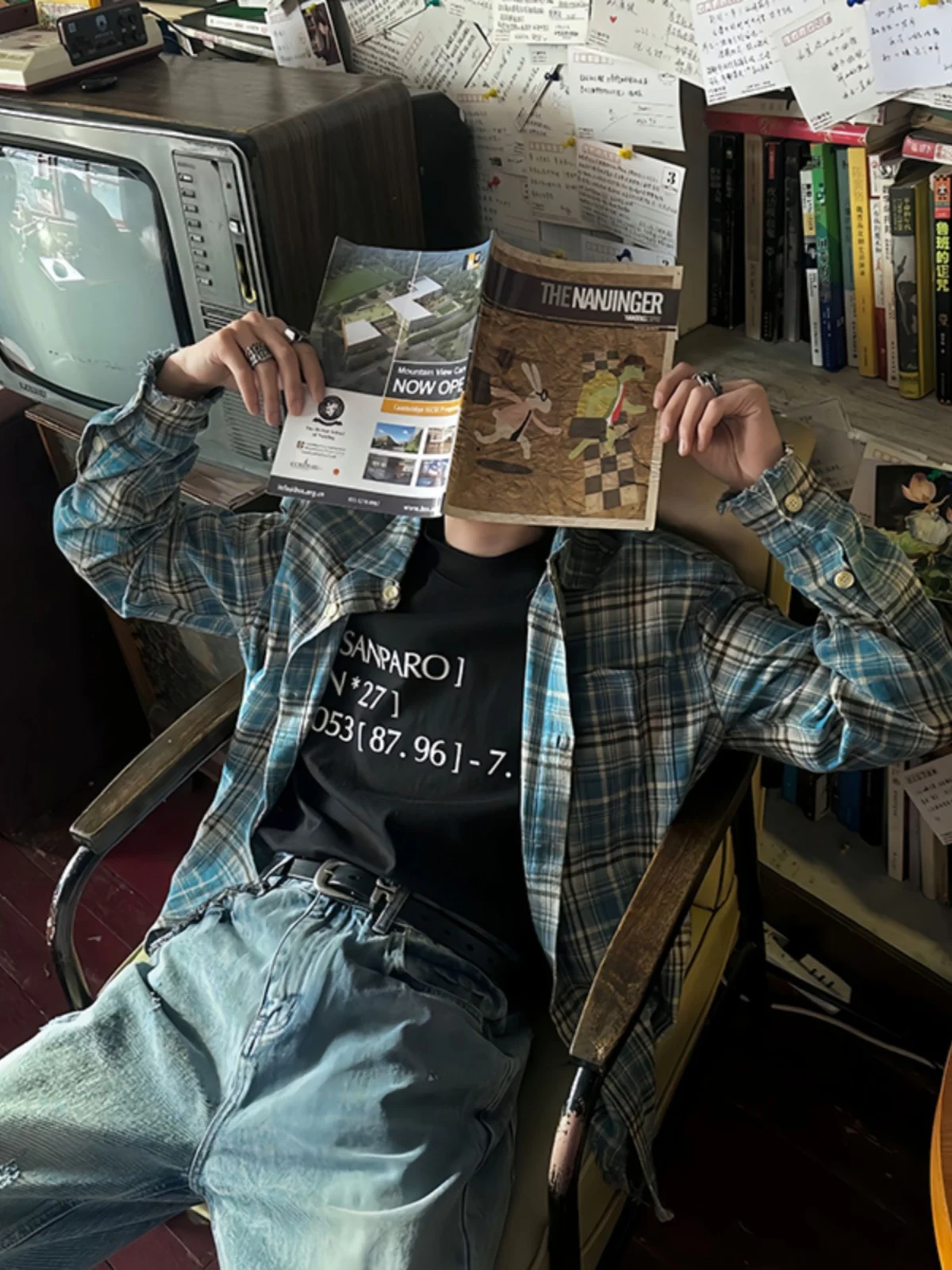 

Blue American Style Men's Loose Fit Plaid Sun Protection Shirt Summer Trendy Outerwear Casual Lazy Style Polyester Fiber