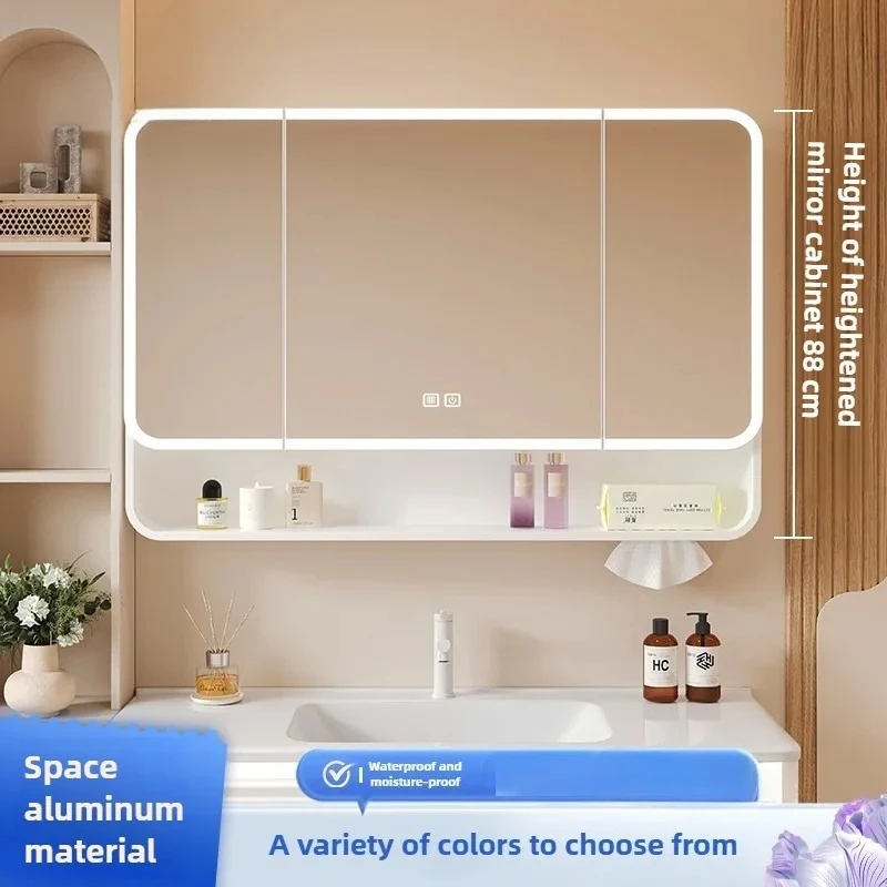 Heightened Aluminum Bathroom Mirror Cabinet with Light Smart LED Mirrors Thickened Bathroom Wall-mounted Storage Cabinet