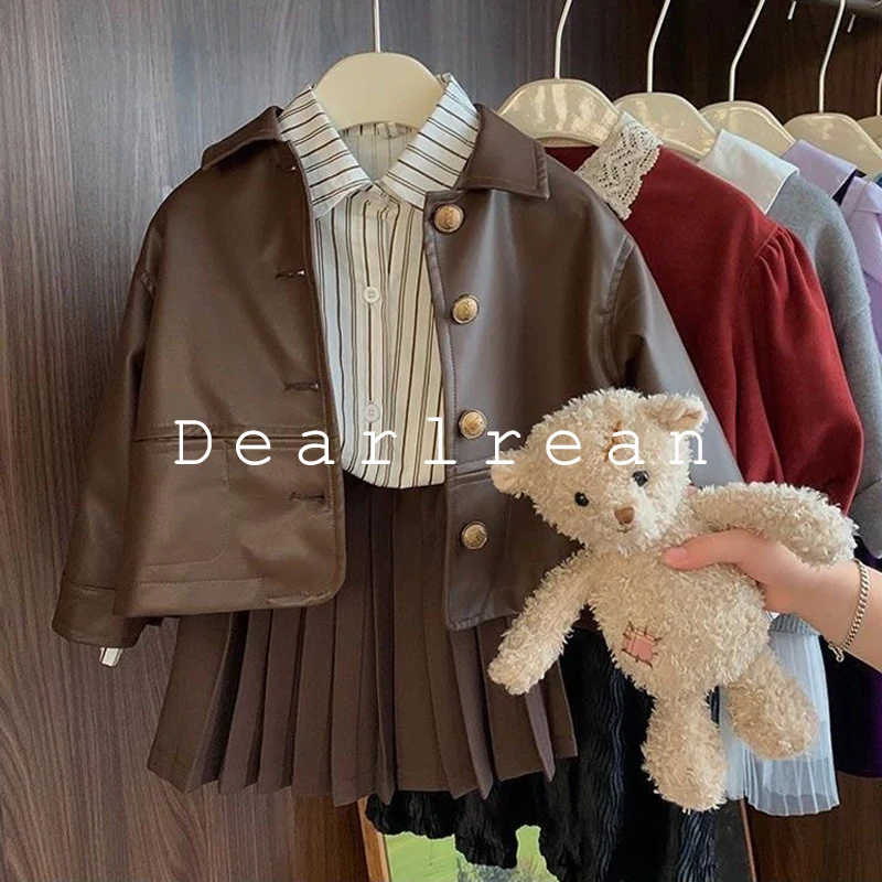 Girls Clothes Autumn 2024 Leather Jacket Brown Locomotive Vintage Pleated Skirt Wrap White Striped Shirt Baby Fashion 3-pcs