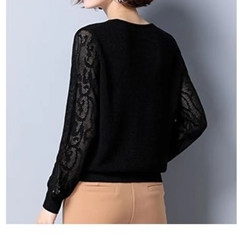 Elegant Fashion Lace Long Sleeve Sweaters for Female All-match Commute Solid Color Knitted Pullovers Autumn Women's Clothing